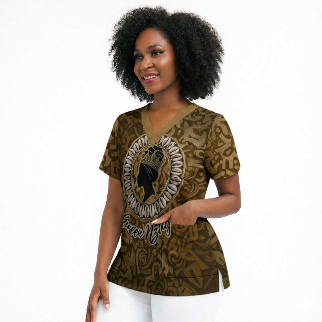 Queen Nzinga Scrub Top Cowrie Crown Silhouette Royal Power - African Pride