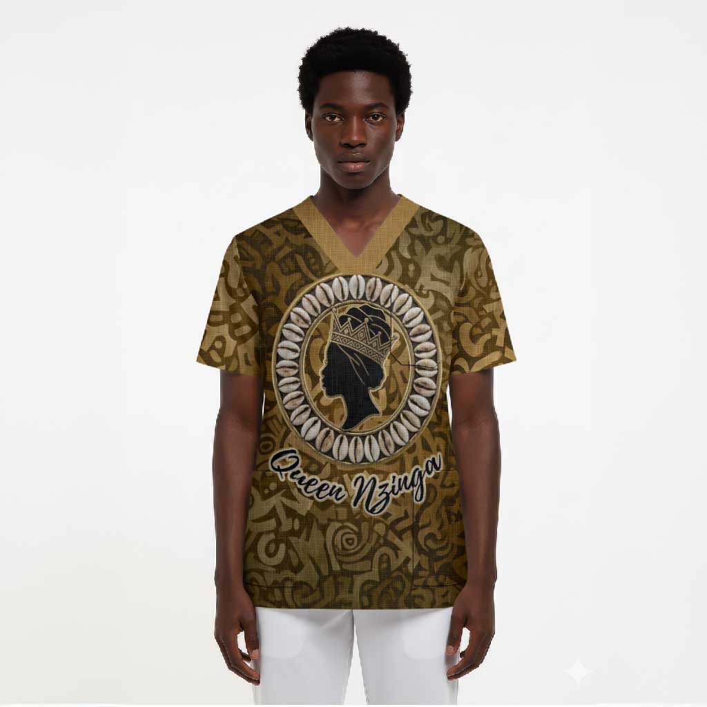 Queen Nzinga Scrub Top Cowrie Crown Silhouette Royal Power - African Pride