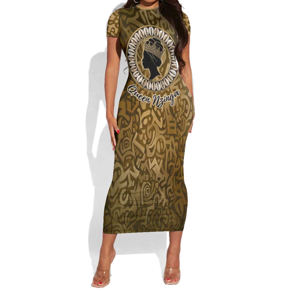 Queen Nzinga Short Sleeve Bodycon Dress Cowrie Crown Silhouette Royal Power - African Pride