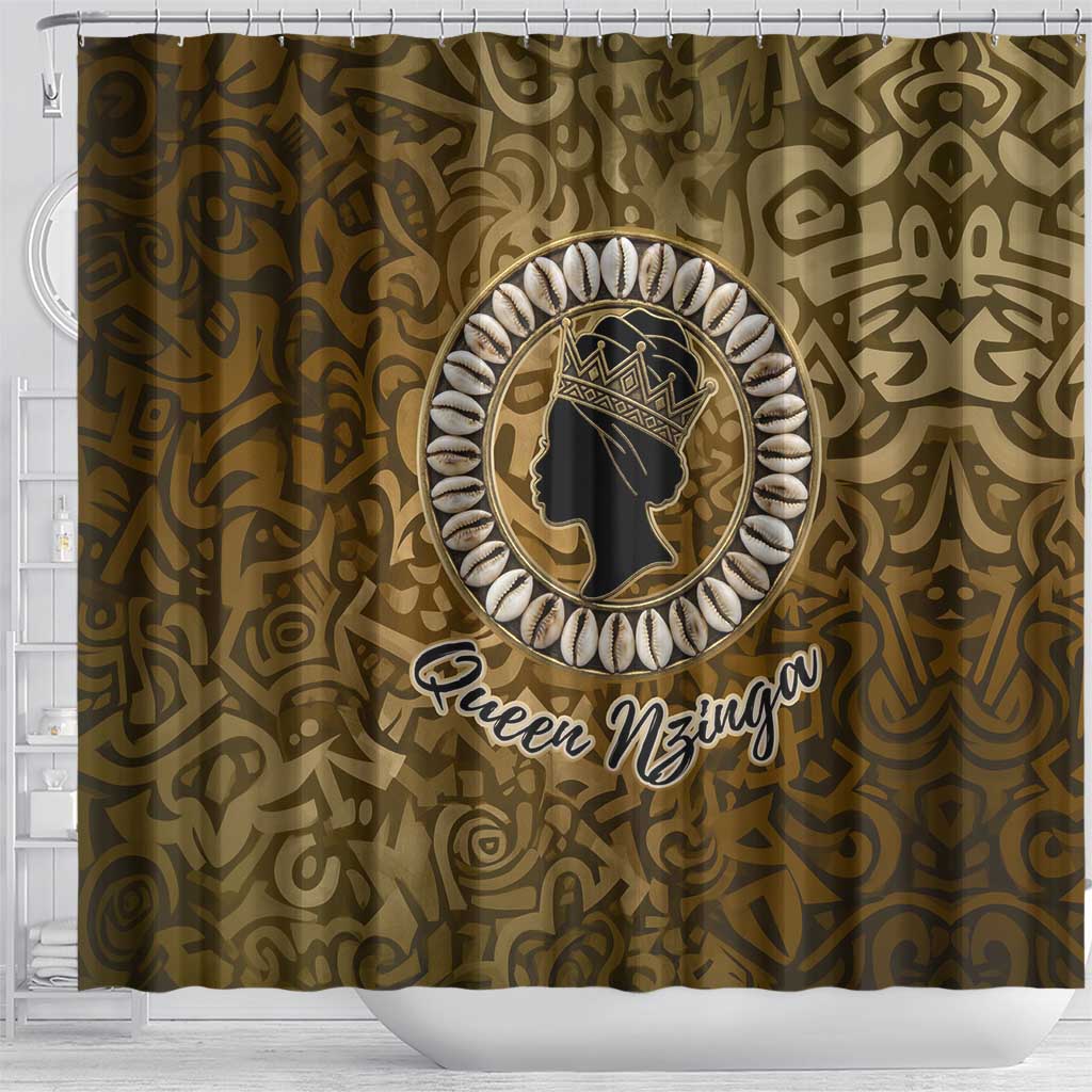 Queen Nzinga Shower Curtain Cowrie Crown Silhouette Royal Power - African Pride