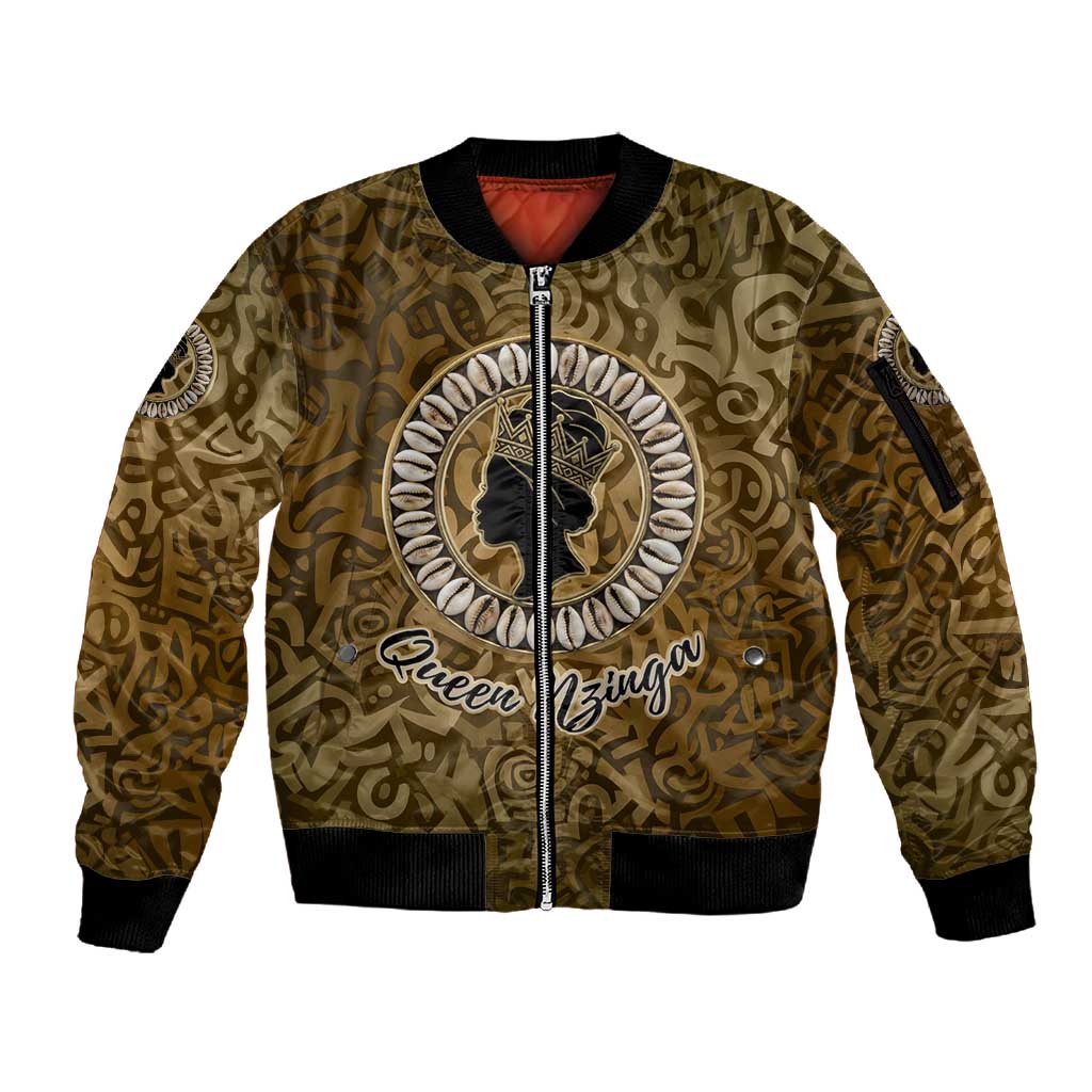 Queen Nzinga Sleeve Zip Bomber Jacket Cowrie Crown Silhouette Royal Power - African Pride
