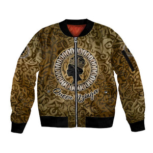 Queen Nzinga Sleeve Zip Bomber Jacket Cowrie Crown Silhouette Royal Power - African Pride