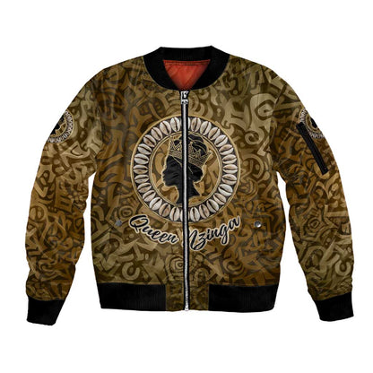 Queen Nzinga Sleeve Zip Bomber Jacket Cowrie Crown Silhouette Royal Power - African Pride