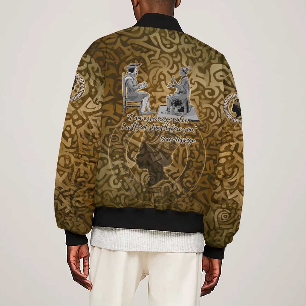 Queen Nzinga Sleeve Zip Bomber Jacket Cowrie Crown Silhouette Royal Power - African Pride