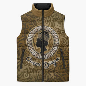 Queen Nzinga Sleeveless Puffer Jacket Cowrie Crown Silhouette Royal Power - African Pride