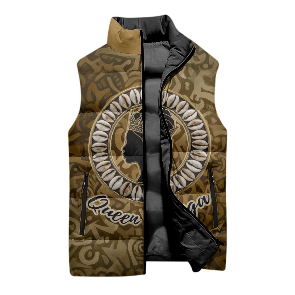 Queen Nzinga Sleeveless Puffer Jacket Cowrie Crown Silhouette Royal Power - African Pride