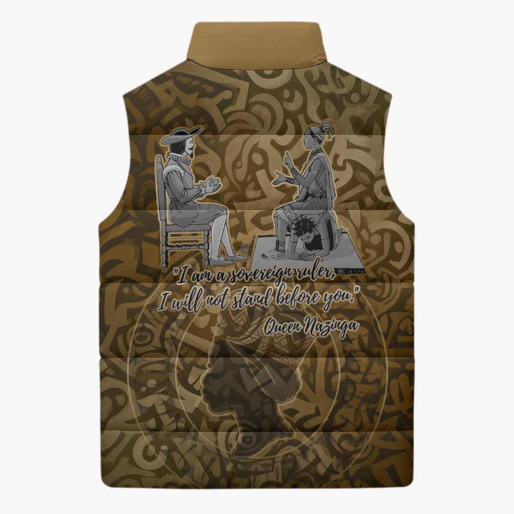 Queen Nzinga Sleeveless Puffer Jacket Cowrie Crown Silhouette Royal Power - African Pride