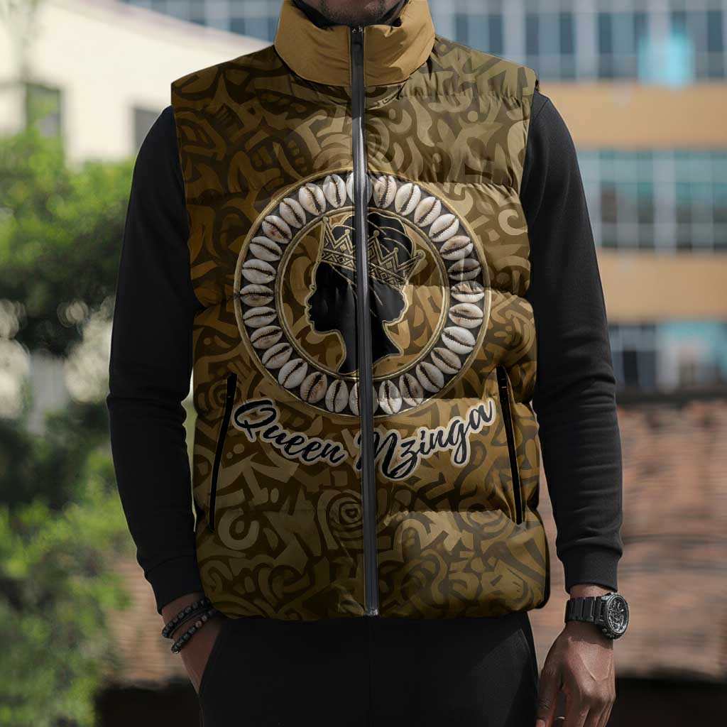 Queen Nzinga Sleeveless Puffer Jacket Cowrie Crown Silhouette Royal Power - African Pride