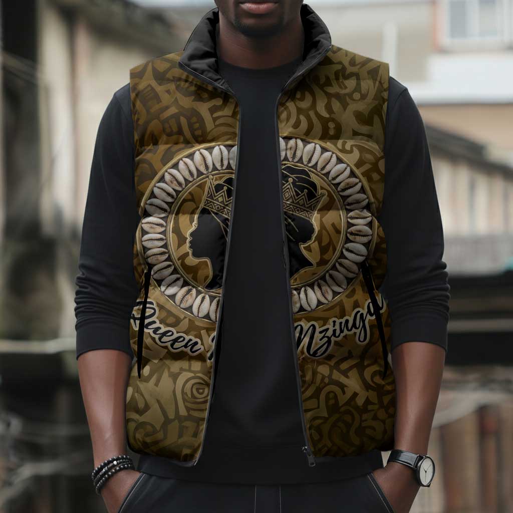 Queen Nzinga Sleeveless Puffer Jacket Cowrie Crown Silhouette Royal Power - African Pride