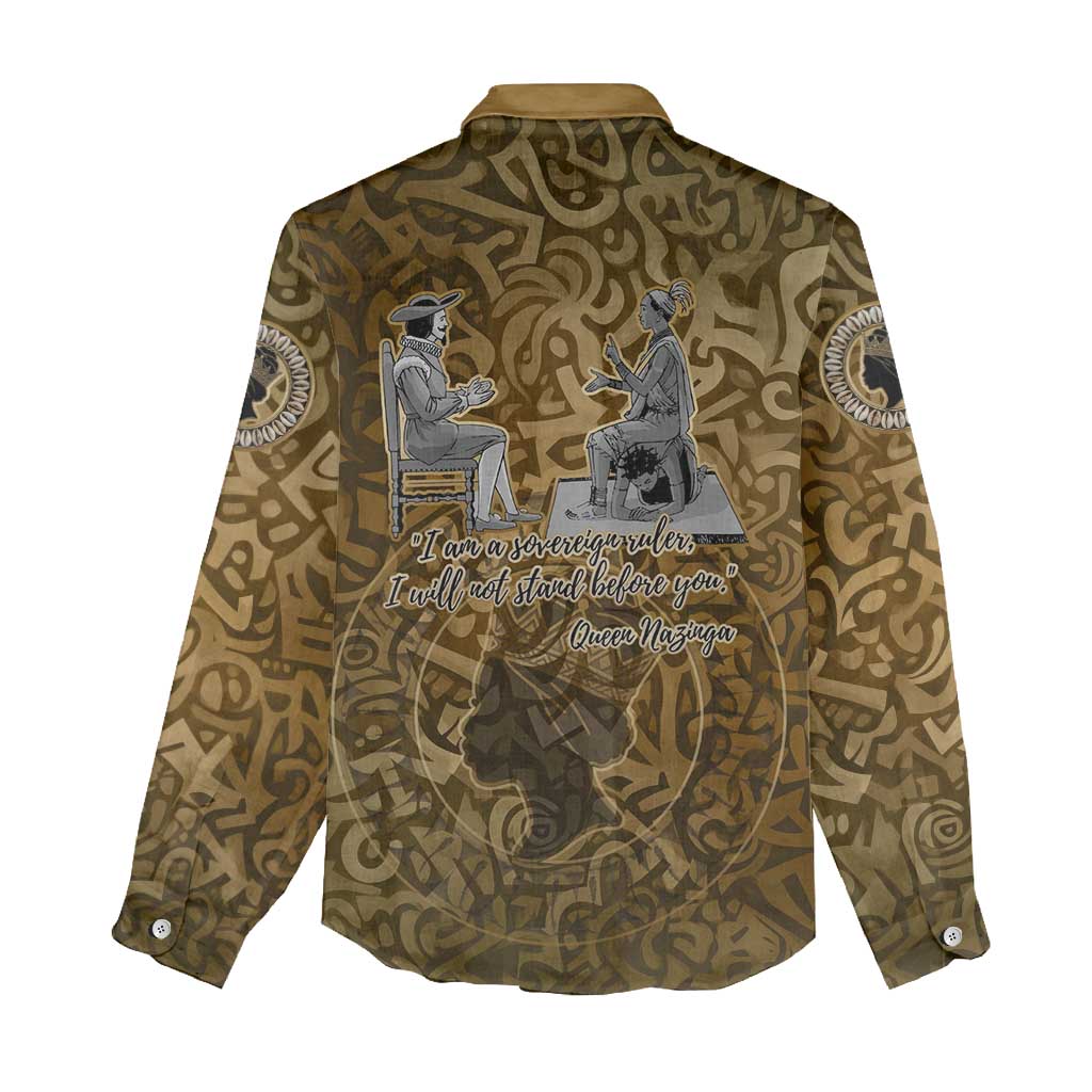 Queen Nzinga Women Casual Shirt Cowrie Crown Silhouette Royal Power - African Pride