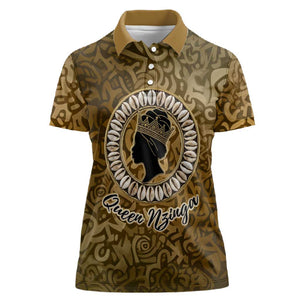 Queen Nzinga Women Polo Shirt Cowrie Crown Silhouette Royal Power - African Pride