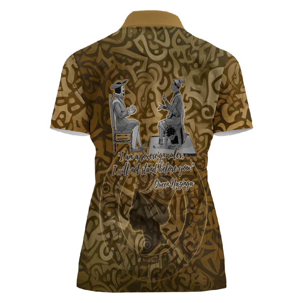Queen Nzinga Women Polo Shirt Cowrie Crown Silhouette Royal Power - African Pride