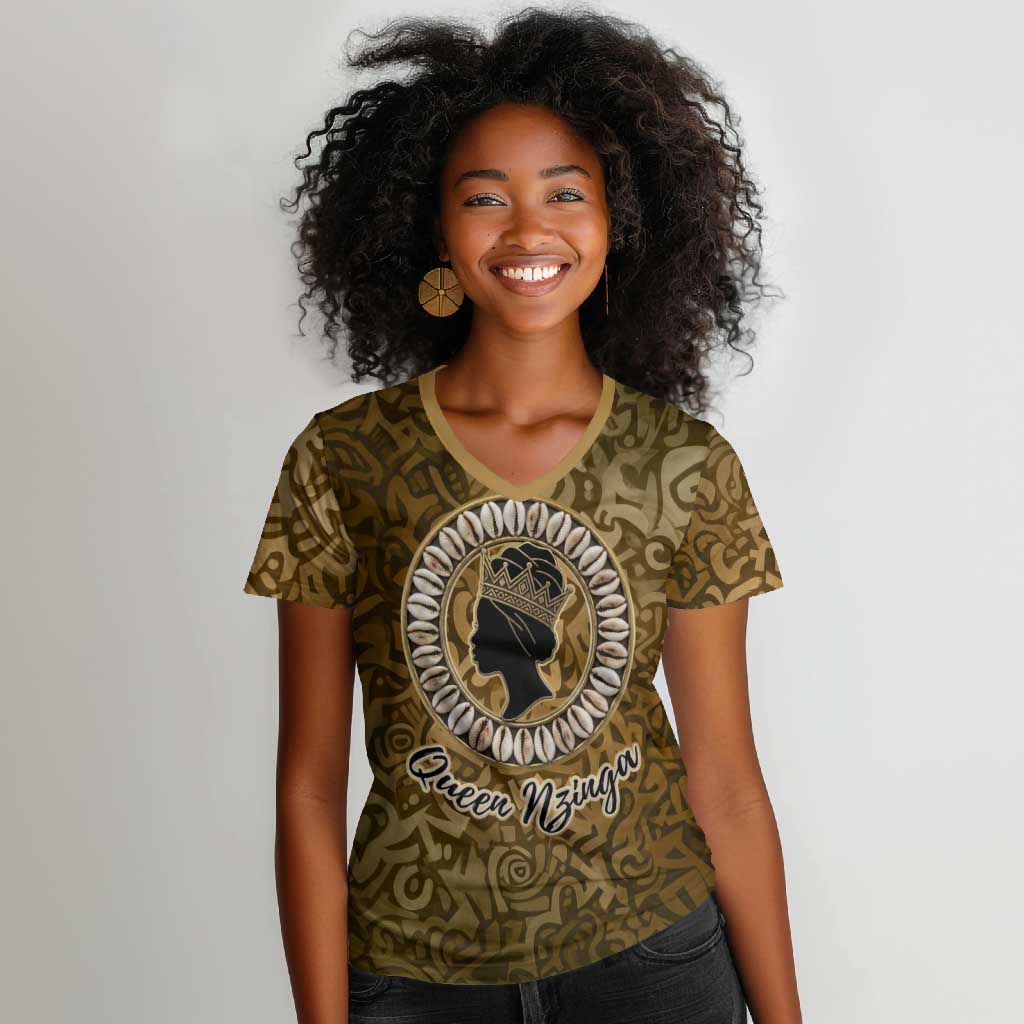 Queen Nzinga Women V-Neck T-Shirt Cowrie Crown Silhouette Royal Power - African Pride