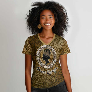 Queen Nzinga Women V-Neck T-Shirt Cowrie Crown Silhouette Royal Power - African Pride