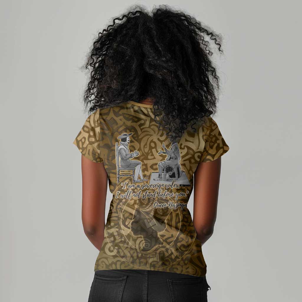 Queen Nzinga Women V-Neck T-Shirt Cowrie Crown Silhouette Royal Power - African Pride