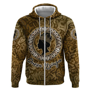 Queen Nzinga Zip Hoodie Cowrie Crown Silhouette Royal Power - African Pride