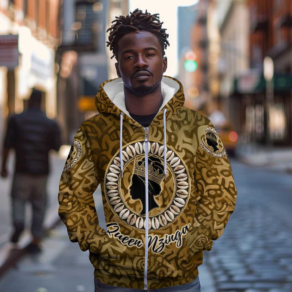 Queen Nzinga Zip Hoodie Cowrie Crown Silhouette Royal Power - African Pride