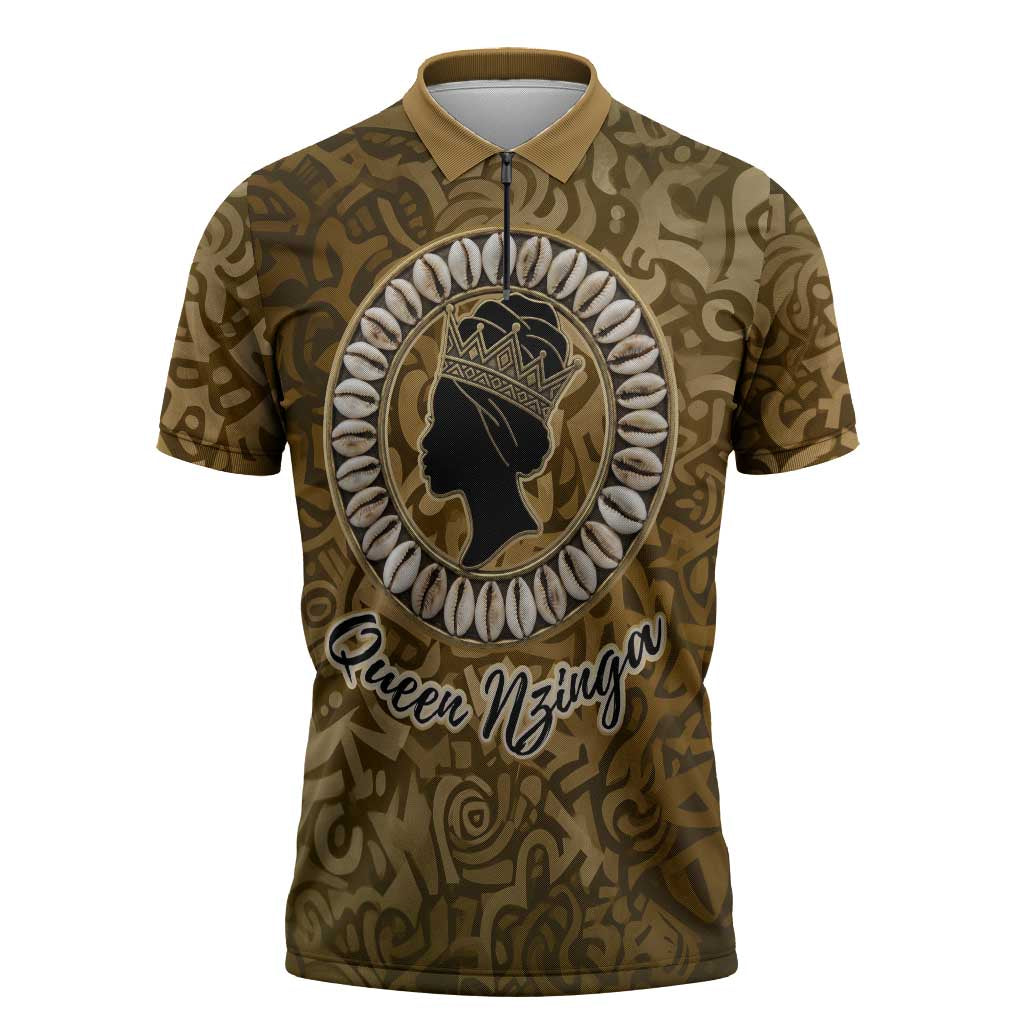 Queen Nzinga Zipper Polo Shirt Cowrie Crown Silhouette Royal Power - African Pride