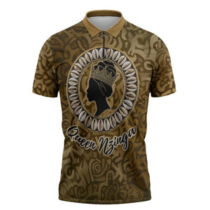 Queen Nzinga Zipper Polo Shirt Cowrie Crown Silhouette Royal Power - African Pride