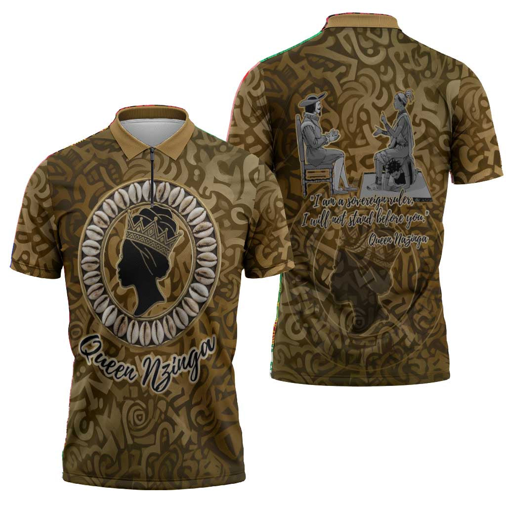 Queen Nzinga Zipper Polo Shirt Cowrie Crown Silhouette Royal Power - African Pride