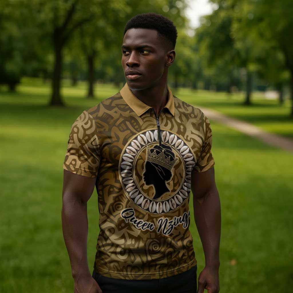 Queen Nzinga Zipper Polo Shirt Cowrie Crown Silhouette Royal Power - African Pride