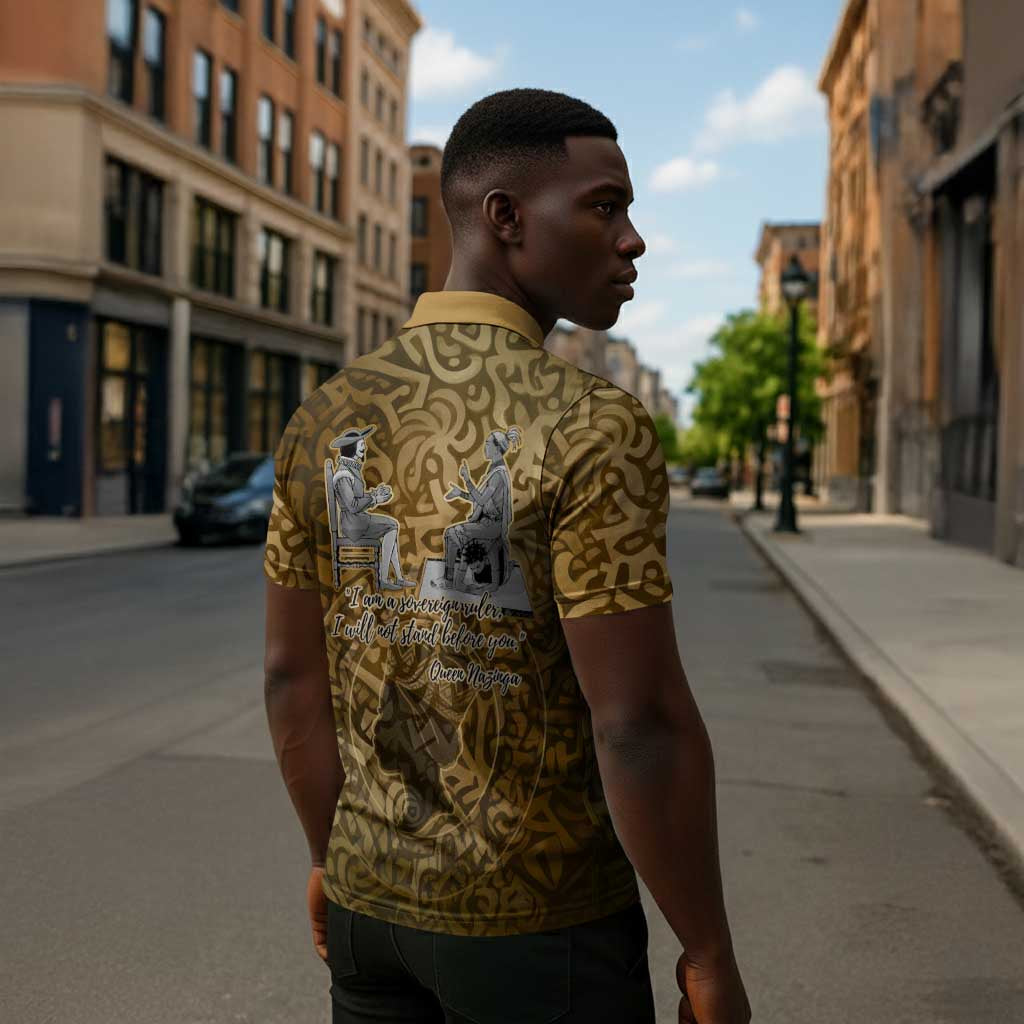 Queen Nzinga Zipper Polo Shirt Cowrie Crown Silhouette Royal Power - African Pride