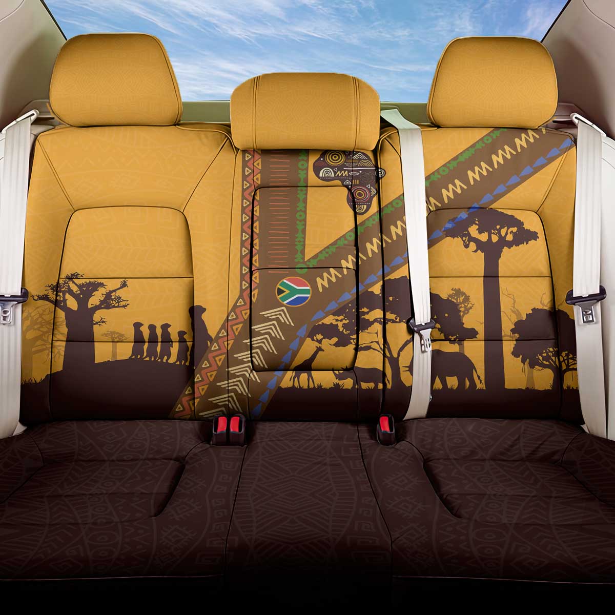 South Africa Flag Back Car Seat Cover Tribal Africa Heritage - Wildlife Silhouettes in Earthy