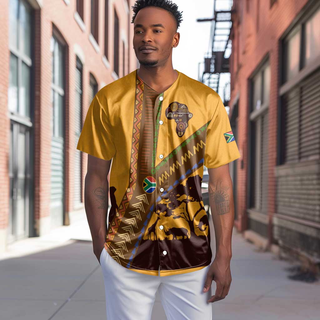South Africa Flag Baseball Jersey Tribal Africa Heritage - Wildlife Silhouettes in Earthy