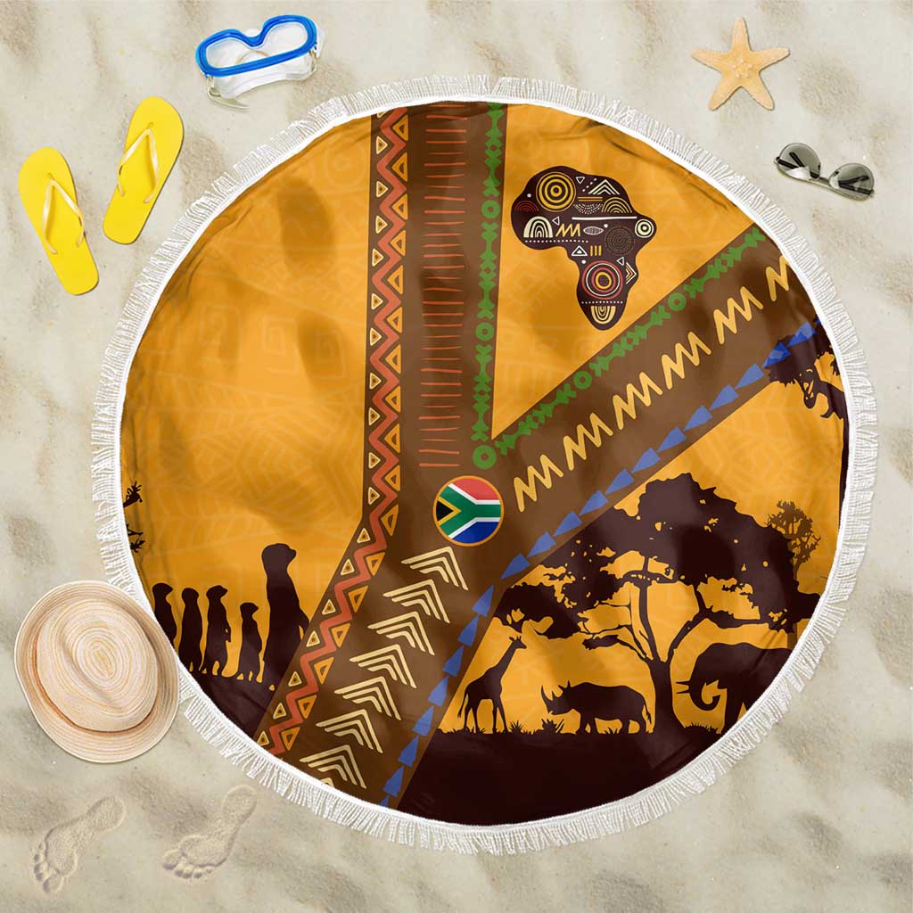 South Africa Flag Beach Blanket Tribal Africa Heritage - Wildlife Silhouettes in Earthy
