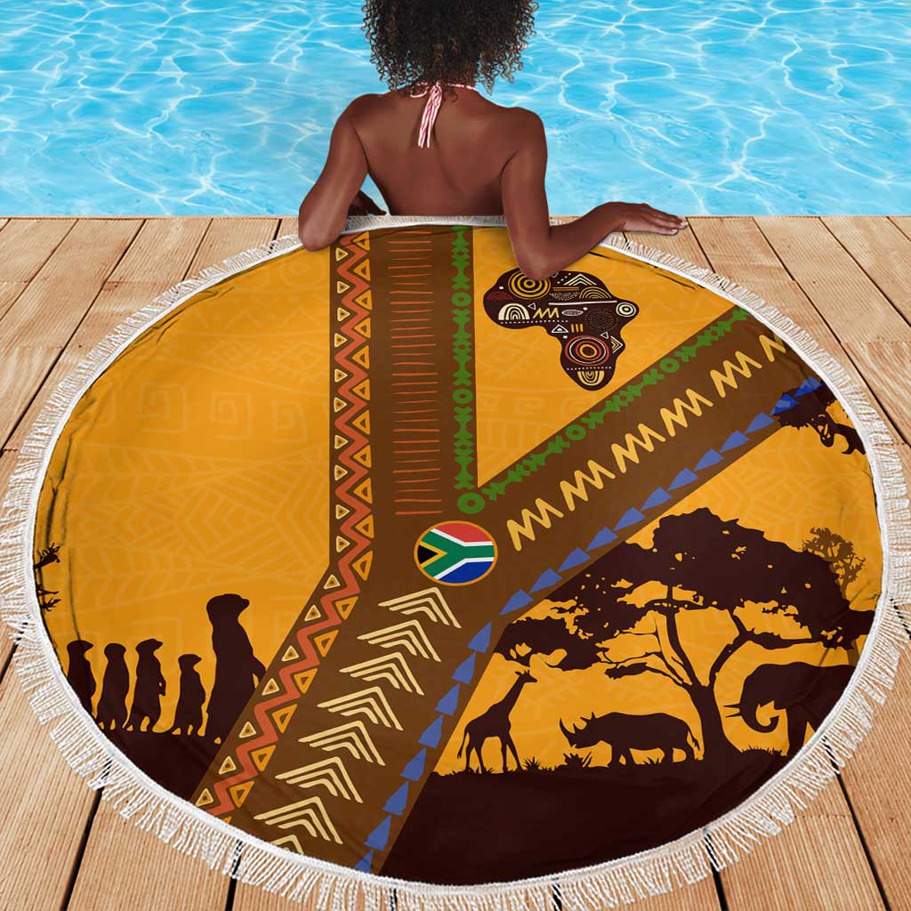 South Africa Flag Beach Blanket Tribal Africa Heritage - Wildlife Silhouettes in Earthy
