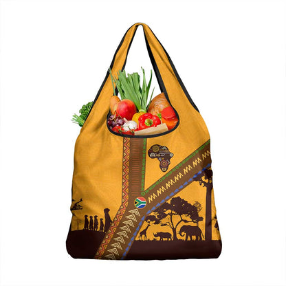 South Africa Flag Grocery Bag Tribal Africa Heritage - Wildlife Silhouettes in Earthy