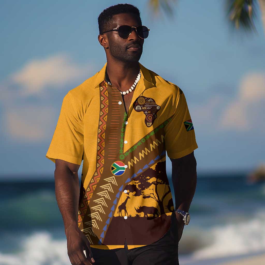 South Africa Flag Hawaiian Shirt Tribal Africa Heritage - Wildlife Silhouettes in Earthy