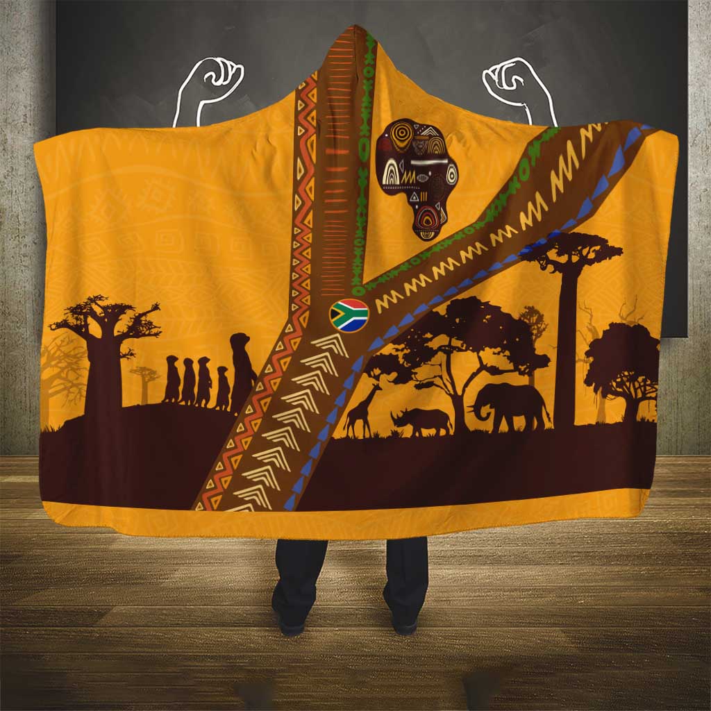 South Africa Flag Hooded Blanket Tribal Africa Heritage - Wildlife Silhouettes in Earthy