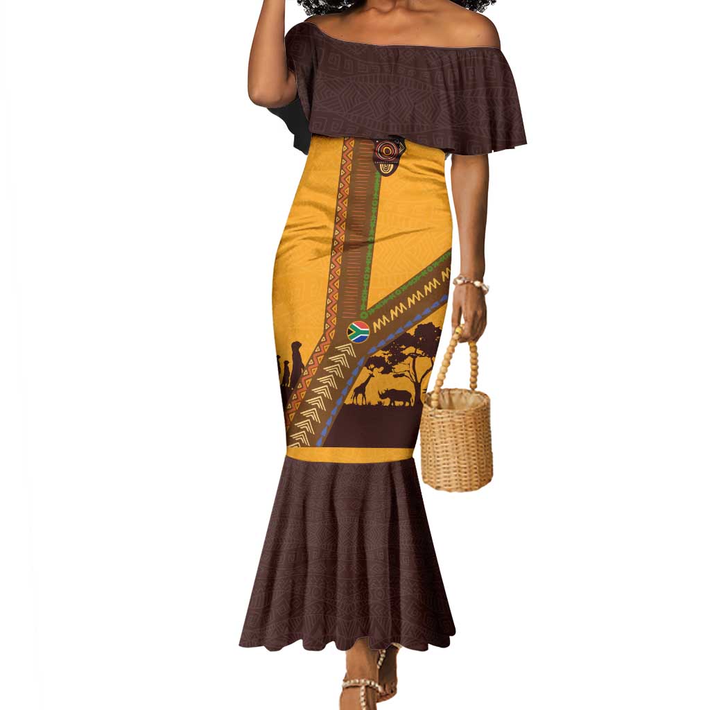 South Africa Flag Mermaid Dress Tribal Africa Heritage - Wildlife Silhouettes in Earthy