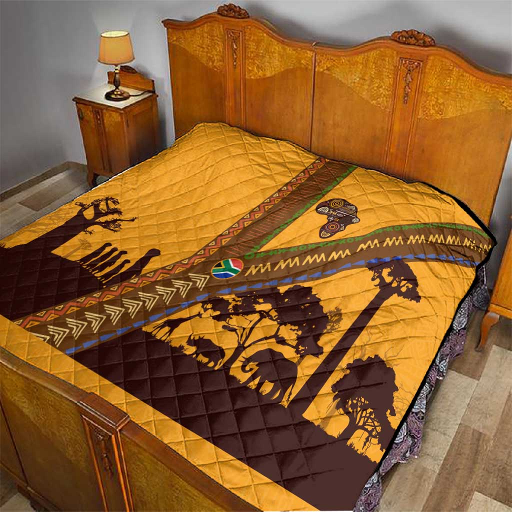 South Africa Flag Quilt Tribal Africa Heritage - Wildlife Silhouettes in Earthy