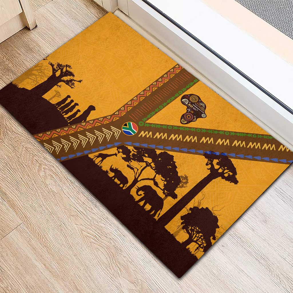 South Africa Flag Rubber Doormat Tribal Africa Heritage - Wildlife Silhouettes in Earthy