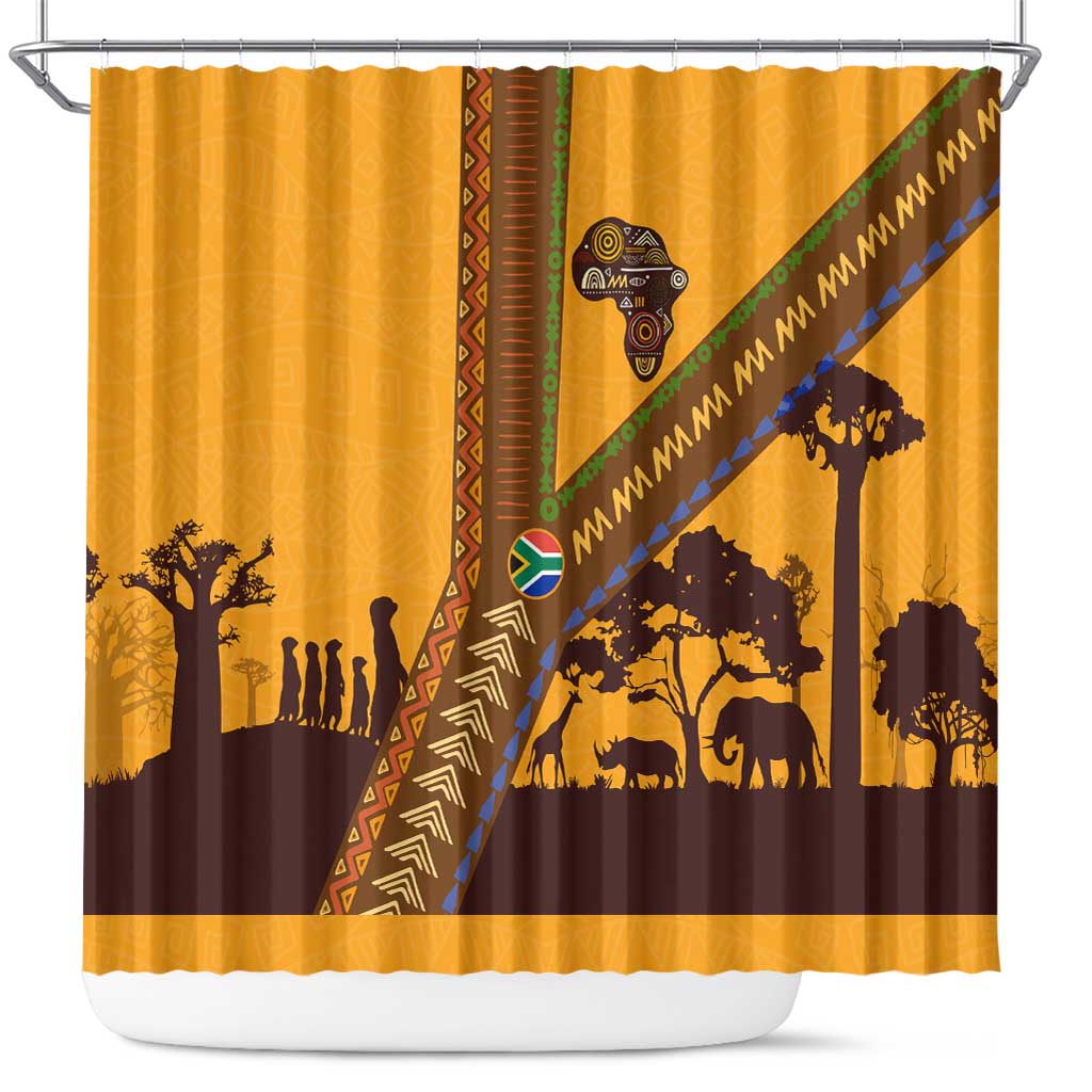 South Africa Flag Shower Curtain Tribal Africa Heritage - Wildlife Silhouettes in Earthy