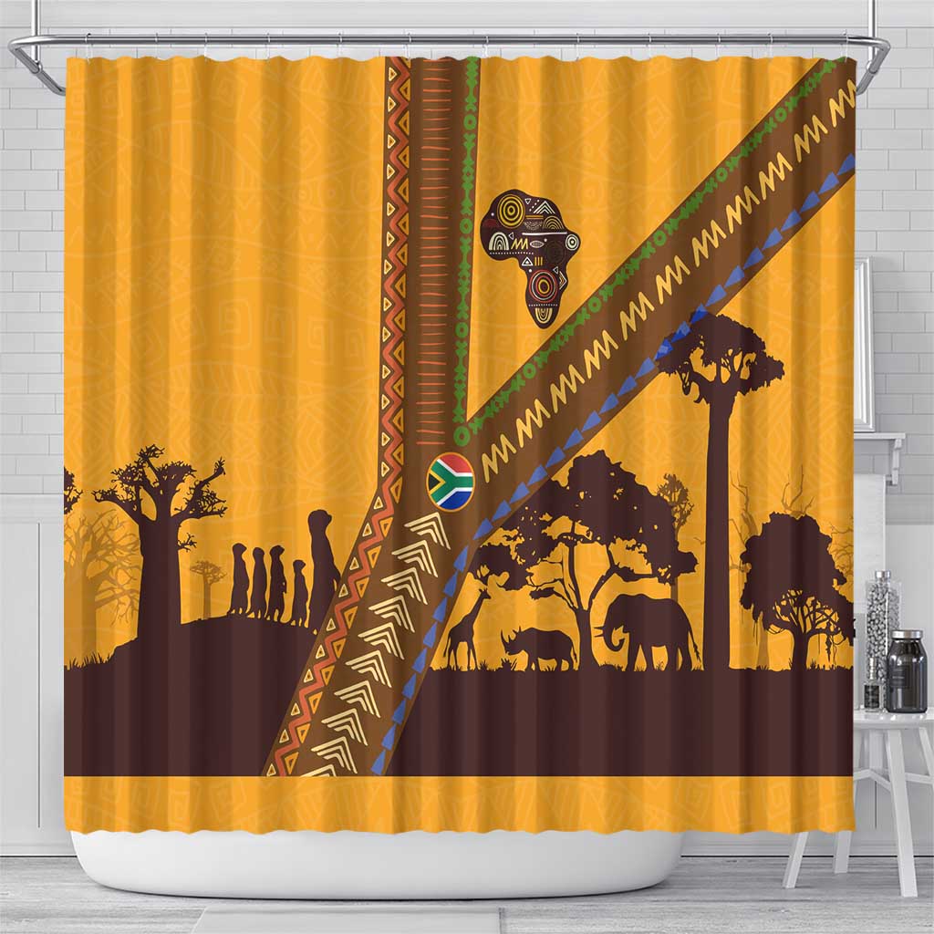 South Africa Flag Shower Curtain Tribal Africa Heritage - Wildlife Silhouettes in Earthy