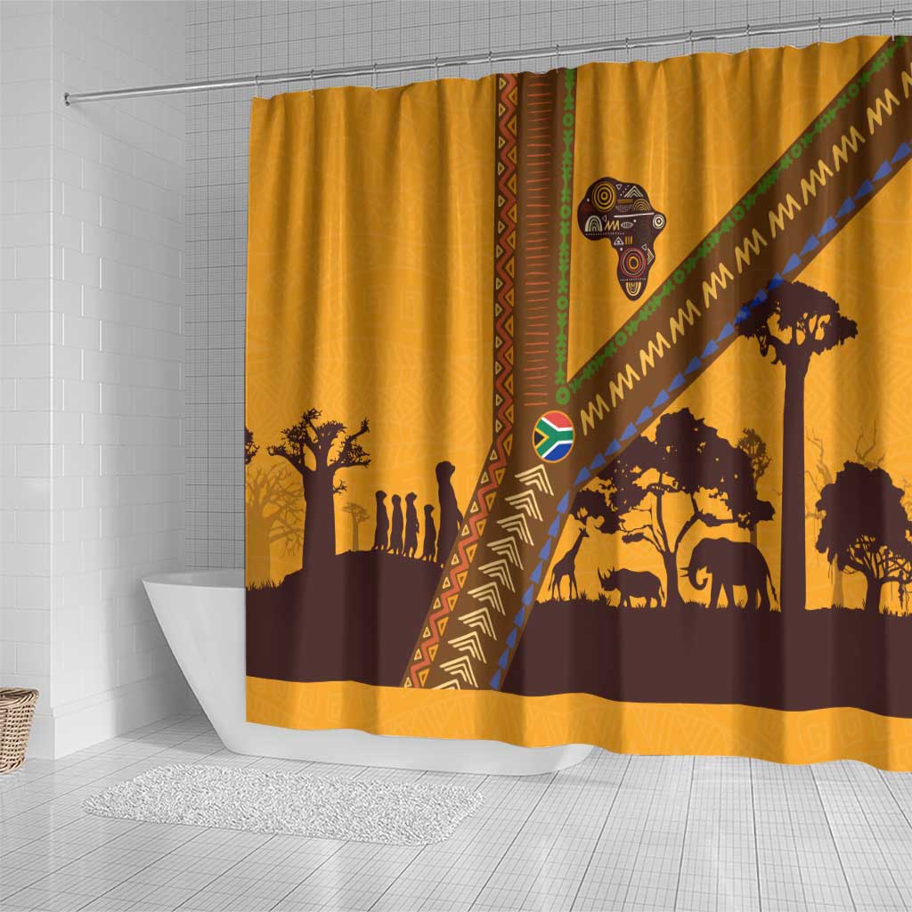 South Africa Flag Shower Curtain Tribal Africa Heritage - Wildlife Silhouettes in Earthy