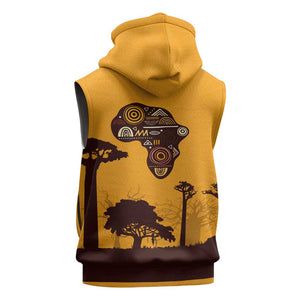 South Africa Flag Sleeveless Zip Hoodie Tribal Africa Heritage - Wildlife Silhouettes in Earthy - African Pride