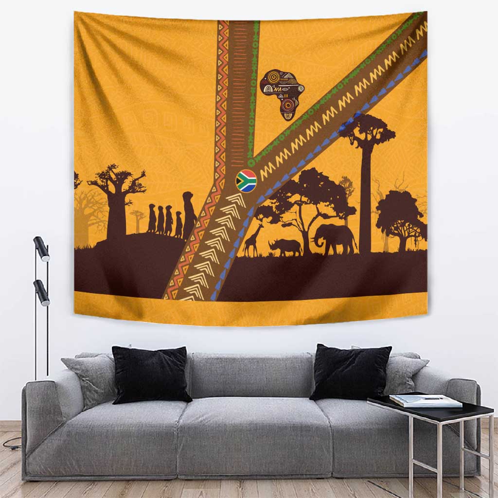 South Africa Flag Tapestry Tribal Africa Heritage - Wildlife Silhouettes in Earthy