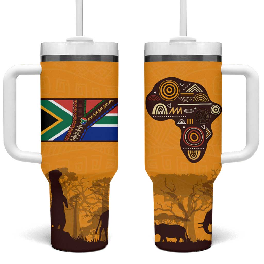 South Africa Flag Tumbler With Handle Tribal Africa Heritage - Wildlife Silhouettes in Earthy