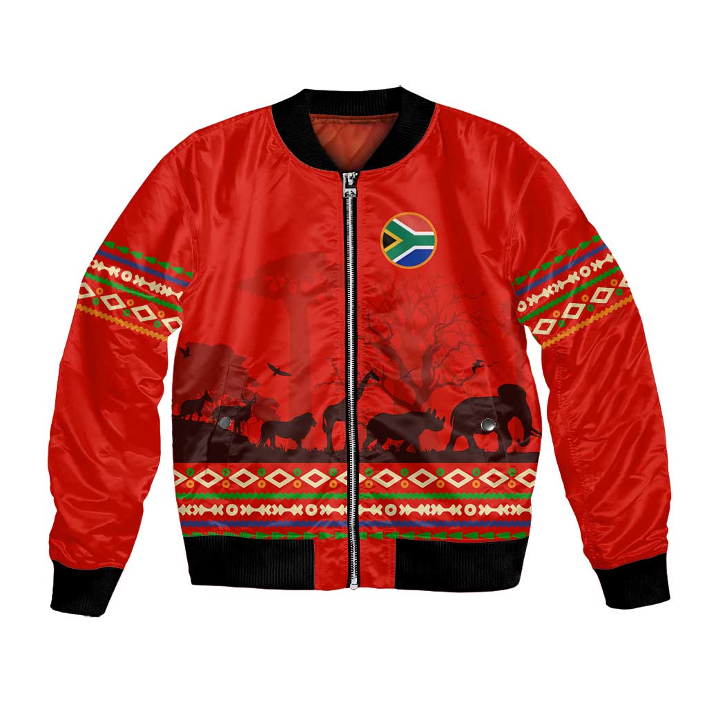 Wildlife South Africa Bomber Jacket Tribal Pattern National Flag Safari Silhouettes