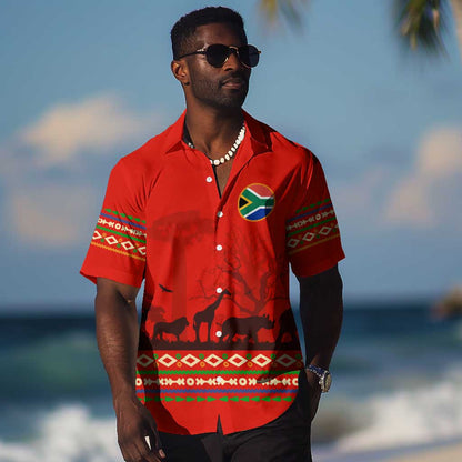 Wildlife South Africa Hawaiian Shirt Tribal Pattern National Flag Safari Silhouettes