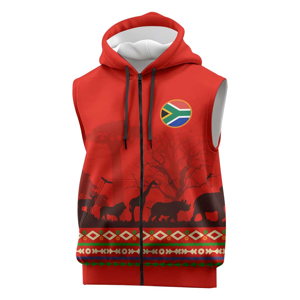 Wildlife South Africa Sleeveless Zip Hoodie Tribal Pattern National Flag Safari Silhouettes - African Pride