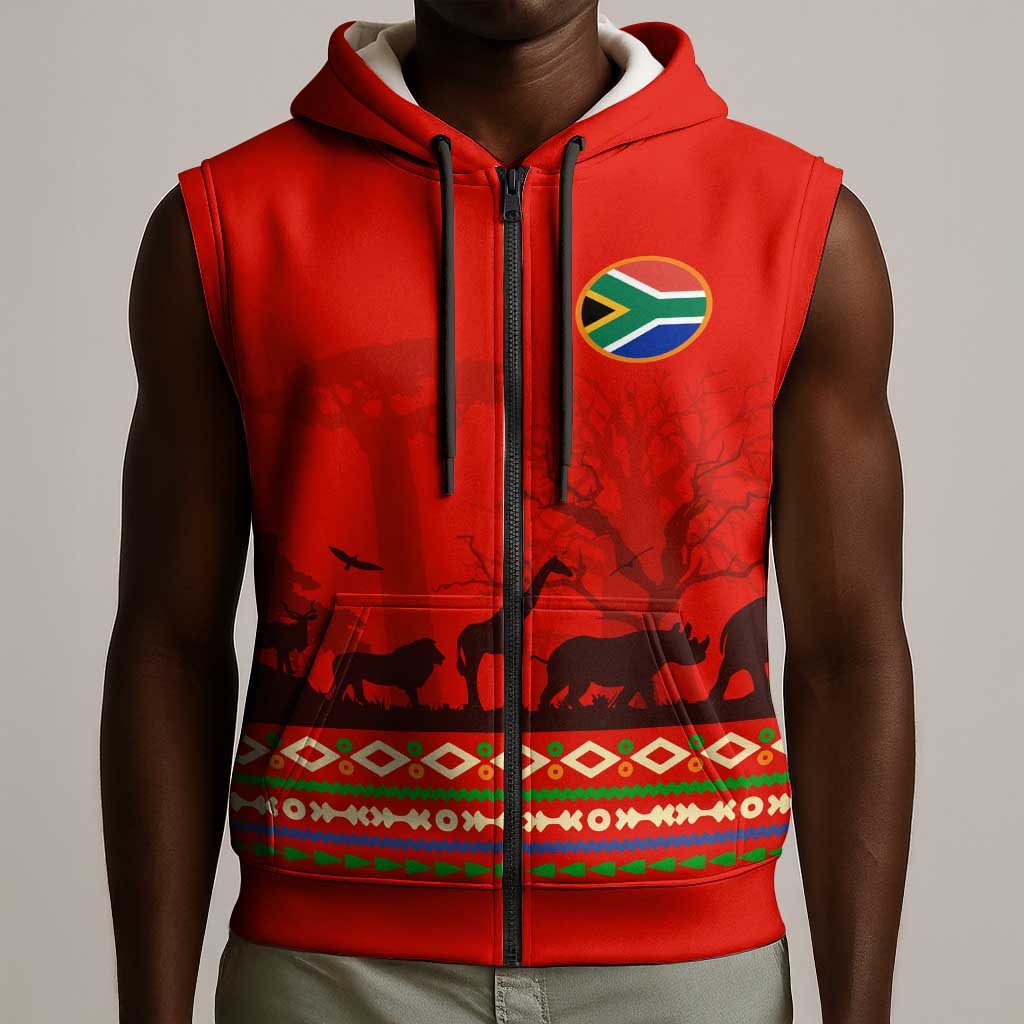 Wildlife South Africa Sleeveless Zip Hoodie Tribal Pattern National Flag Safari Silhouettes - African Pride