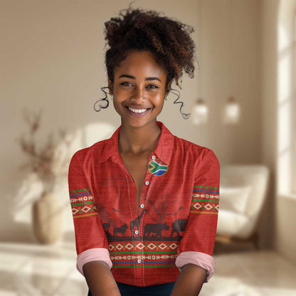 Wildlife South Africa Women Casual Shirt Tribal Pattern National Flag Safari Silhouettes