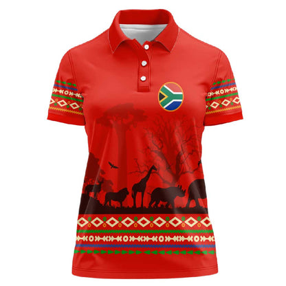 Wildlife South Africa Women Polo Shirt Tribal Pattern National Flag Safari Silhouettes