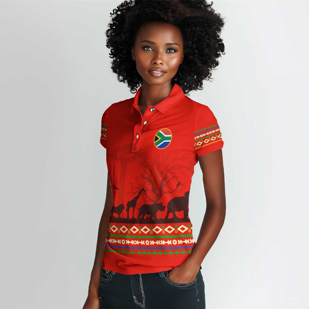 Wildlife South Africa Women Polo Shirt Tribal Pattern National Flag Safari Silhouettes