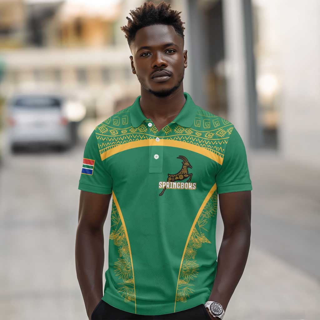 South Africa Springboks Polo Shirt with Tribal Antelope Design and Floral Accents
